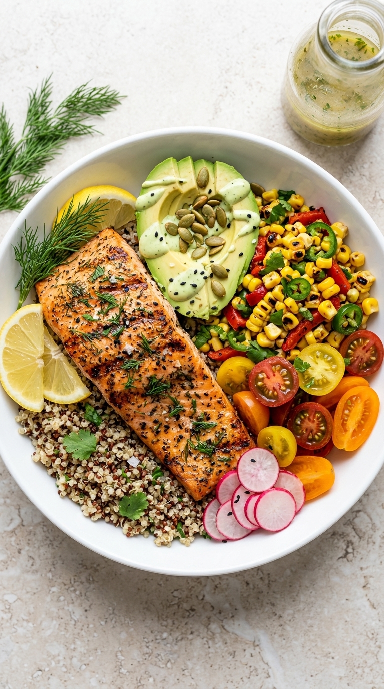 Grilled salmon quinoa bowl with avocado, charred corn, tomatoes, radishes, lemon, dill, and green dressing