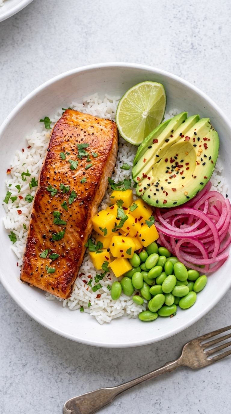 Teriyaki salmon rice bowl with avocado, mango, edamame, pickled red onion, lime, sesame, and herbs